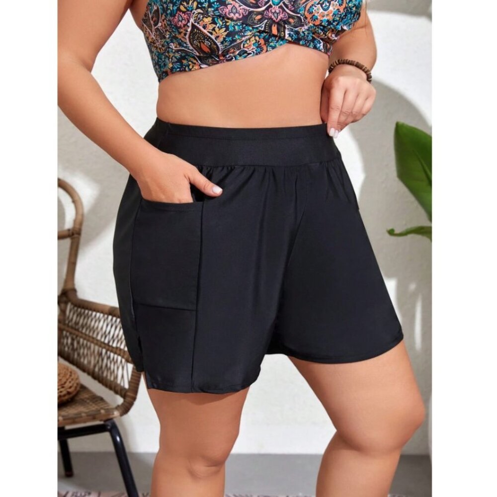 Women's Sporty Elastic Waist Swim Shorts With Side Pockets
